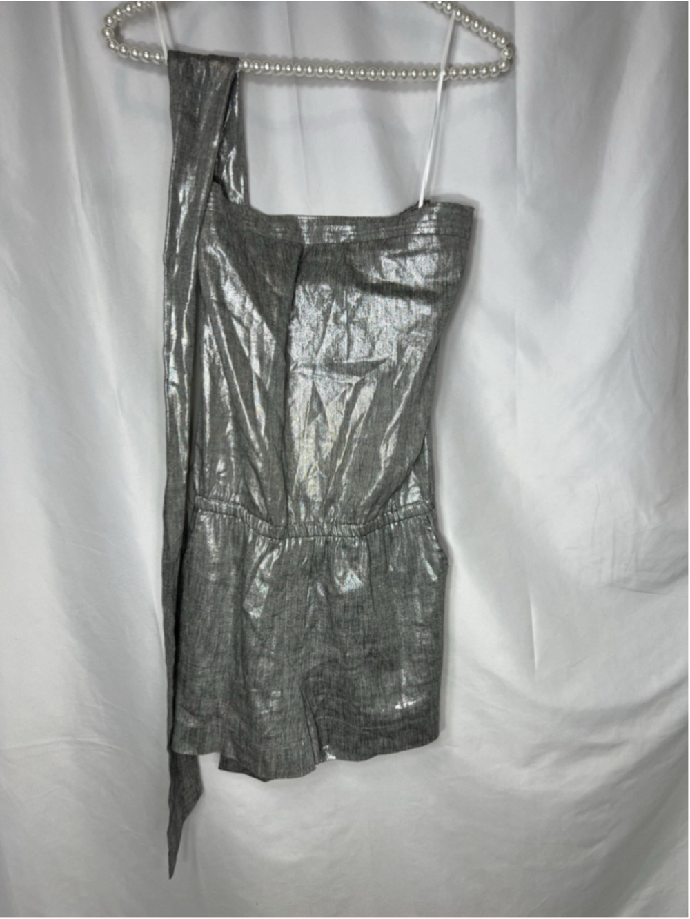 Alice + Olivia Strapless Romper Pockets Belt Size S Linen Blend Metallic Gray